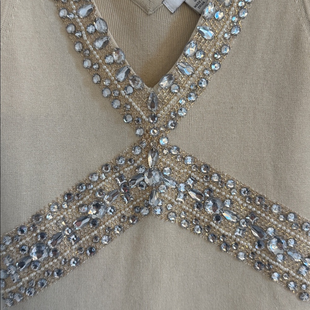 Caché Vintage Cream Silk Blend Very Embellished V-Neck Bodycon Top - Picture 6 of 11